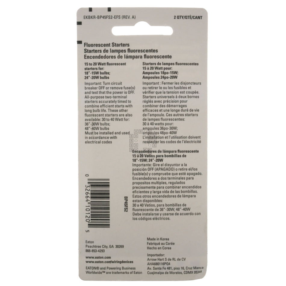 Eaton BP45FS2 FS-2 Fluorescent Starter, 18"-15W, 24"-20W, 2-Pack
