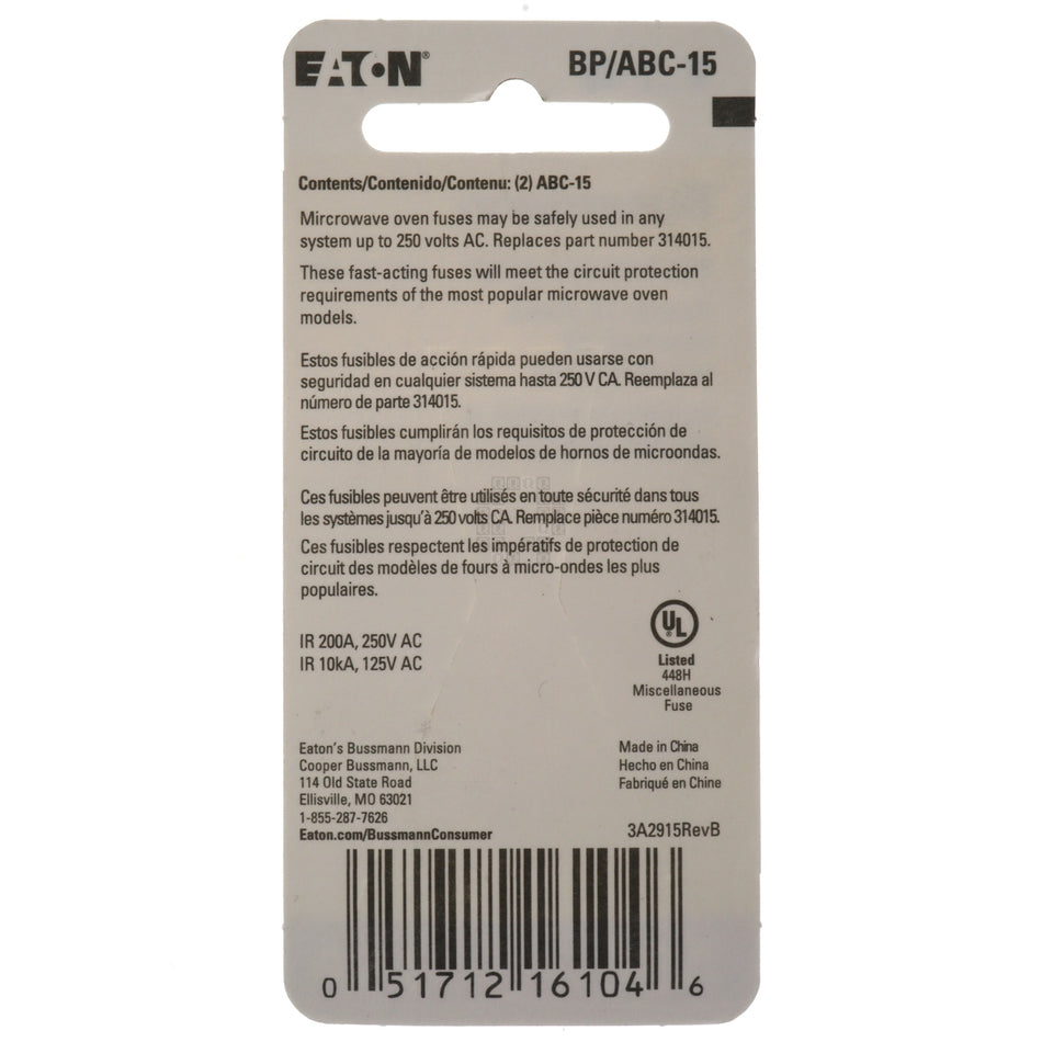 Eaton Bussmann BP/ABC-15 Microwave Fast Acting Ceramic Tube Fuse 2-Pack, 15 Amp, 250VAC