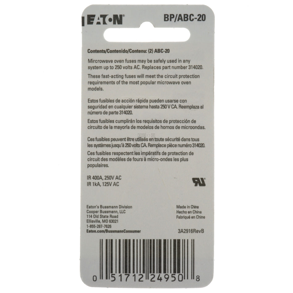 Eaton Bussmann BP/ABC-20 Microwave Fast Acting Ceramic Tube Fuse 2-Pack, 20 Amp, 250VAC