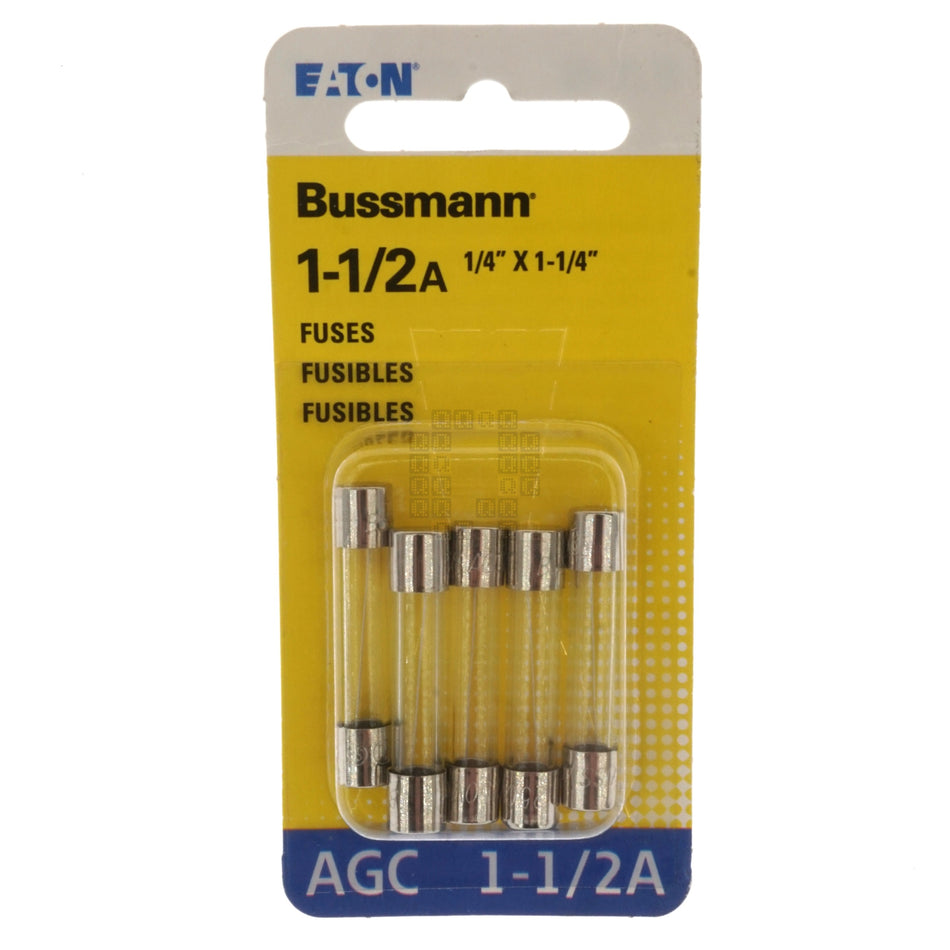 Eaton Bussmann BP/AGC-1-1/2-RP Fast Acting Glass Fuse 5 Pack, 1-1/2 Amp, 250VAC
