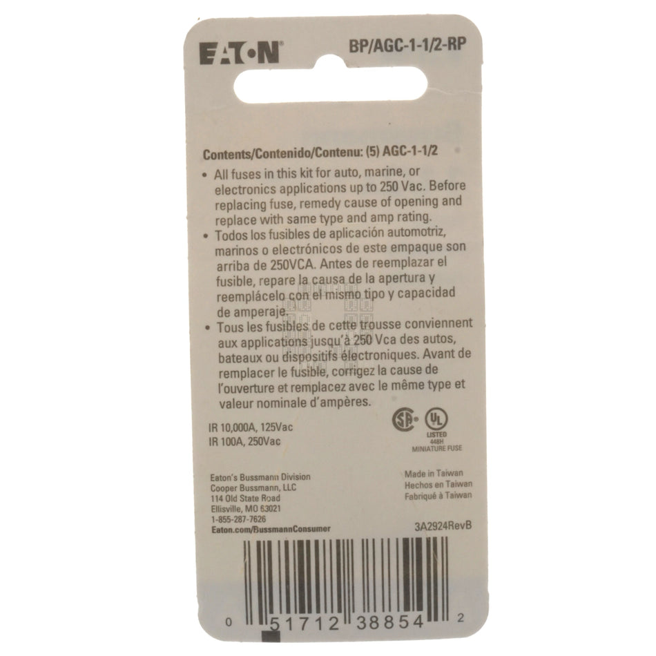Eaton Bussmann BP/AGC-1-1/2-RP Fast Acting Glass Fuse 5 Pack, 1-1/2 Amp, 250VAC