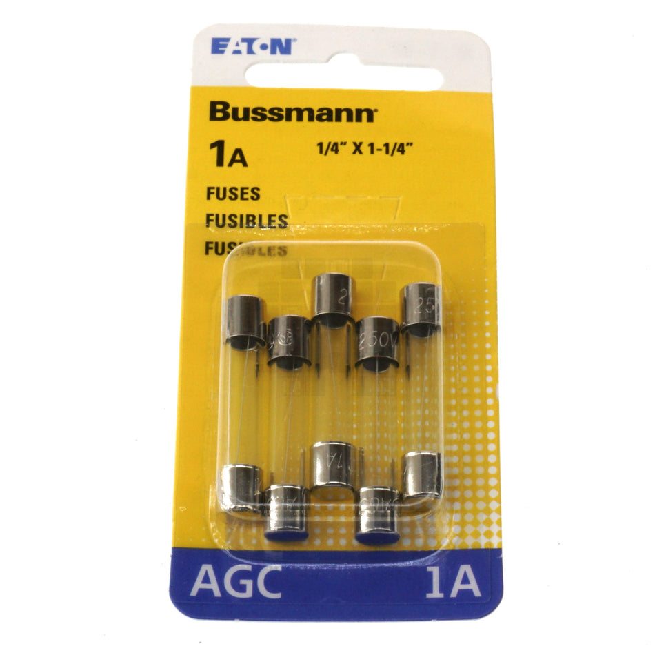 Eaton Bussmann BP/AGC-1-RP Fast Acting Glass Fuse 5 Pack, 1 Amp, 250VAC