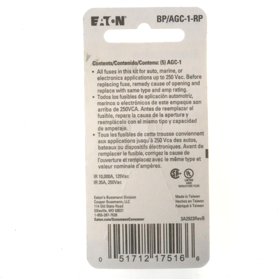 Eaton Bussmann BP/AGC-1-RP Fast Acting Glass Fuse 5 Pack, 1 Amp, 250VAC