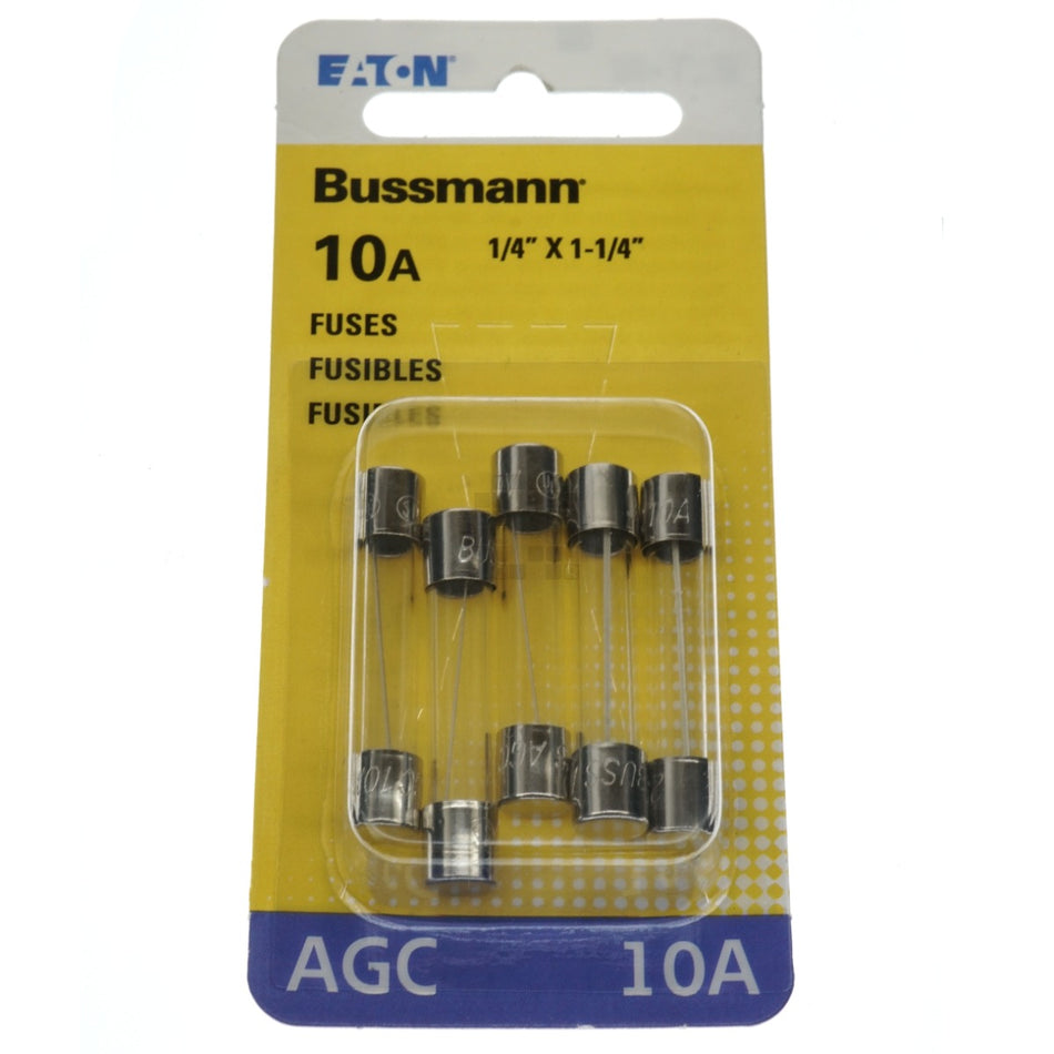 Eaton Bussmann BP/AGC-10-RP Fast Acting Glass Fuse 5 Pack, 10 Amps, 250VAC
