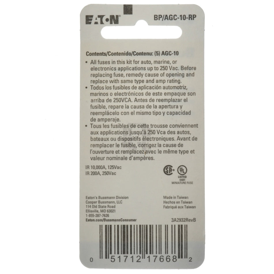 Eaton Bussmann BP/AGC-10-RP Fast Acting Glass Fuse 5 Pack, 10 Amps, 250VAC