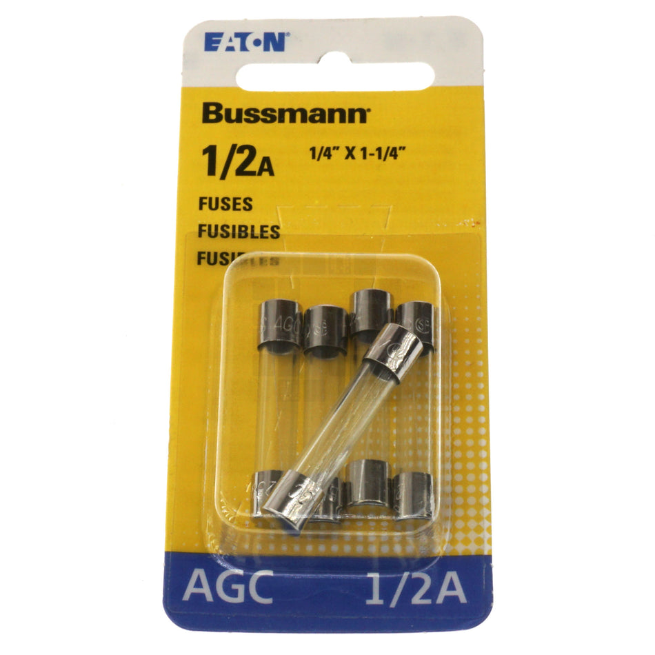 Eaton Bussmann BP/AGC-1/2-RP Fast Acting Glass Fuse 5 Pack, 1/2 Amp, 250VAC