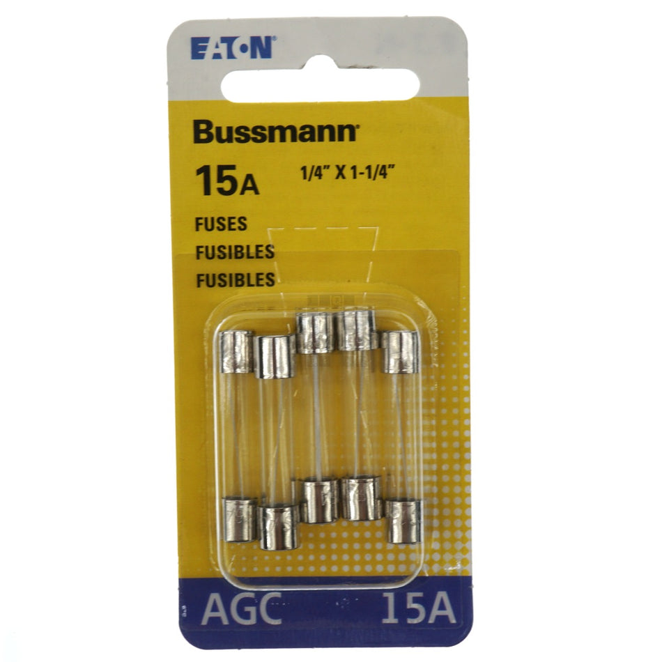 Eaton Bussmann BP/AGC-15-RP Fast Acting Glass Fuse 5 Pack, 15 Amps, 32VAC