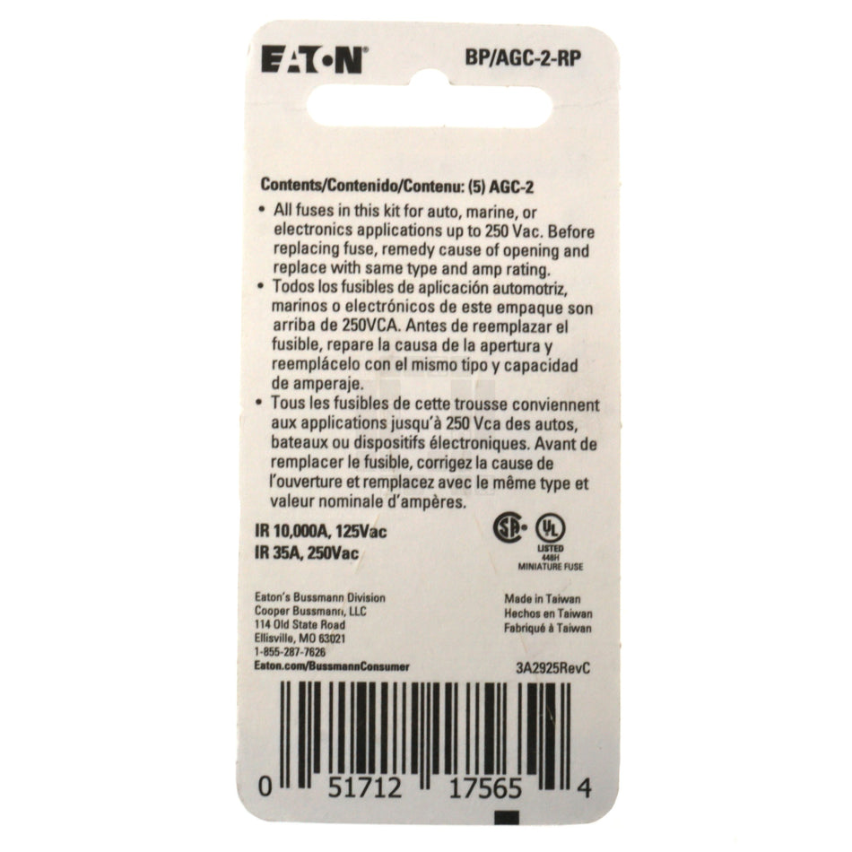 Eaton Bussmann BPAGC-2-RP Fast Acting Glass Fuse 5 Pack, 2 Amp, 250VAC