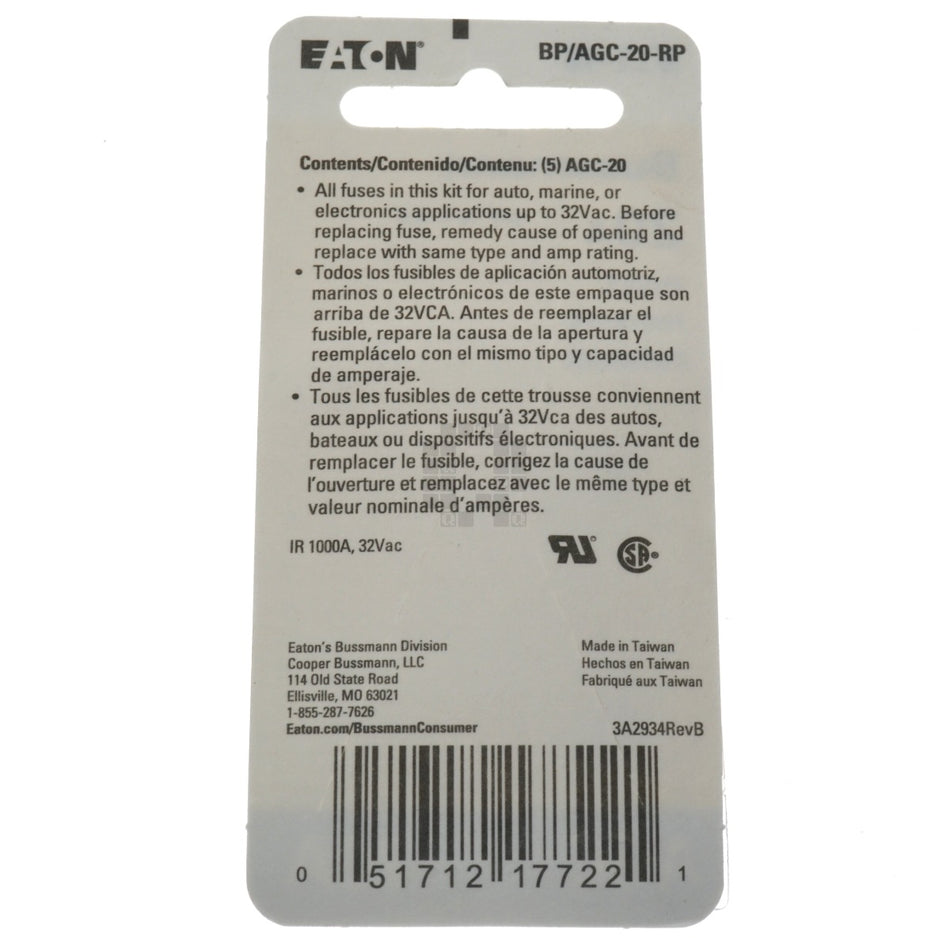 Eaton Bussmann BP/AGC-20-RP Fast Acting Glass Fuse 5 Pack, 20 Amps, 250VAC