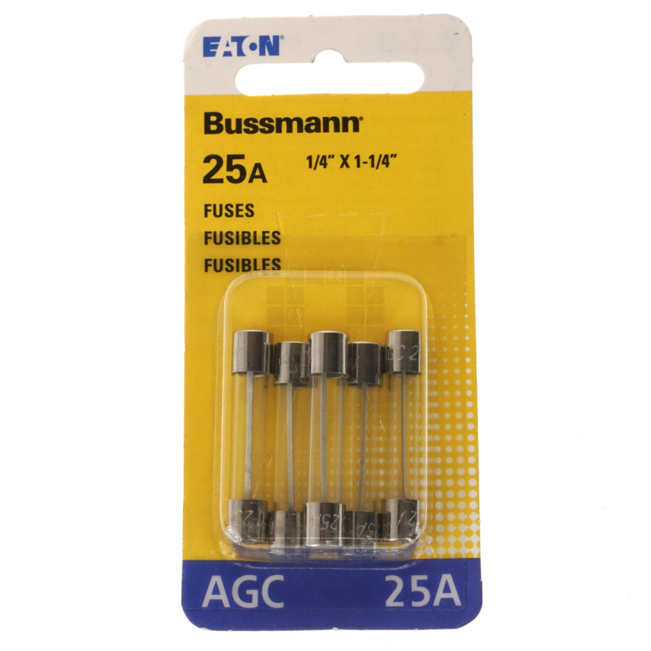 Eaton Bussmann BP/AGC-25-RP Fast Acting Glass Tube Fuse 5 Pack, 25 Amps, 32VDC