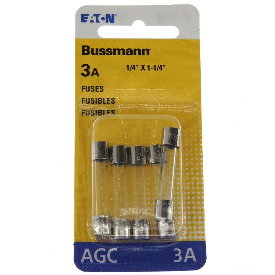 Eaton Bussmann BP/AGC-3-RP Fast Acting Glass Tube Fuse 5 Pack, 3 Amps, 250VAC