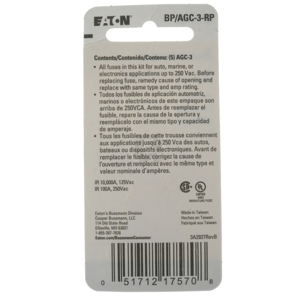 Eaton Bussmann BP/AGC-3-RP Fast Acting Glass Tube Fuse 5 Pack, 3 Amps, 250VAC
