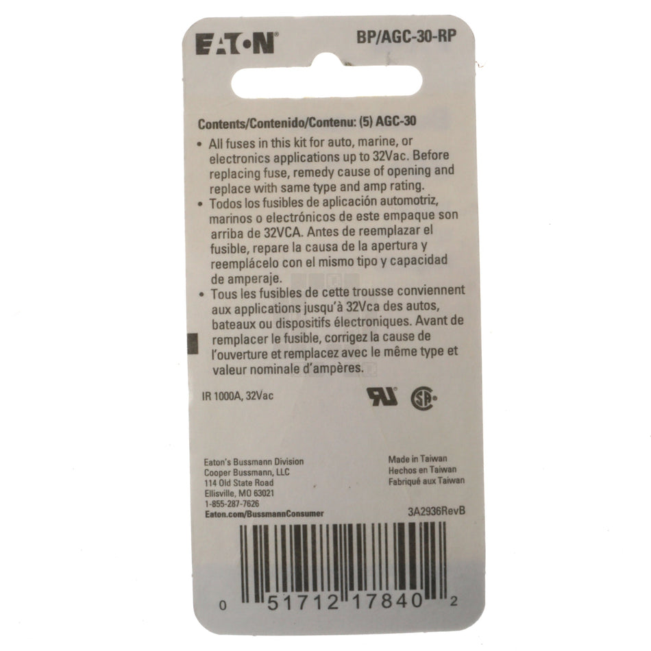 Eaton Bussmann BP/AGC-30-RP Fast Acting Glass Fuse 5 Pack, 30 Amps, 32VAC/VDC