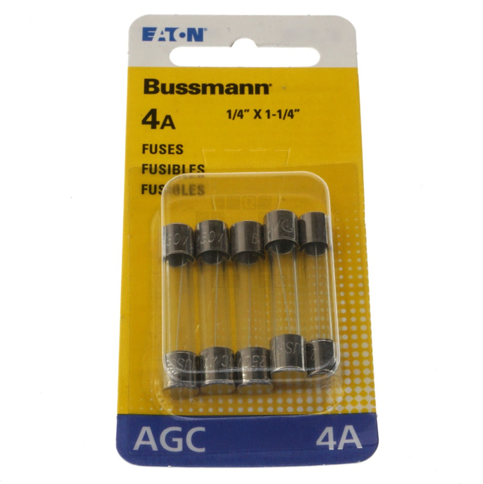 Eaton Bussmann BP/AGC-4-RP Fast Acting Glass Fuse 5 Pack, 4 Amps, 250VAC