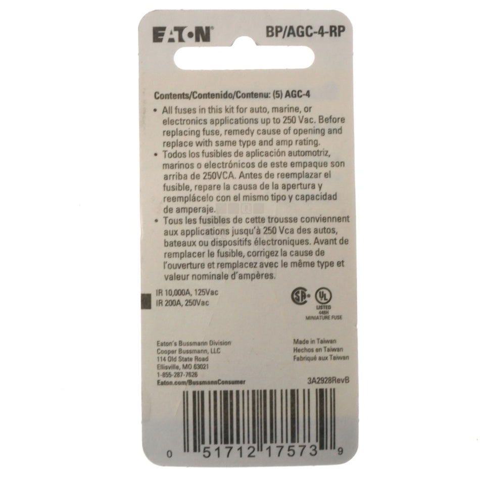 Eaton Bussmann BP/AGC-4-RP Fast Acting Glass Fuse 5 Pack, 4 Amps, 250VAC