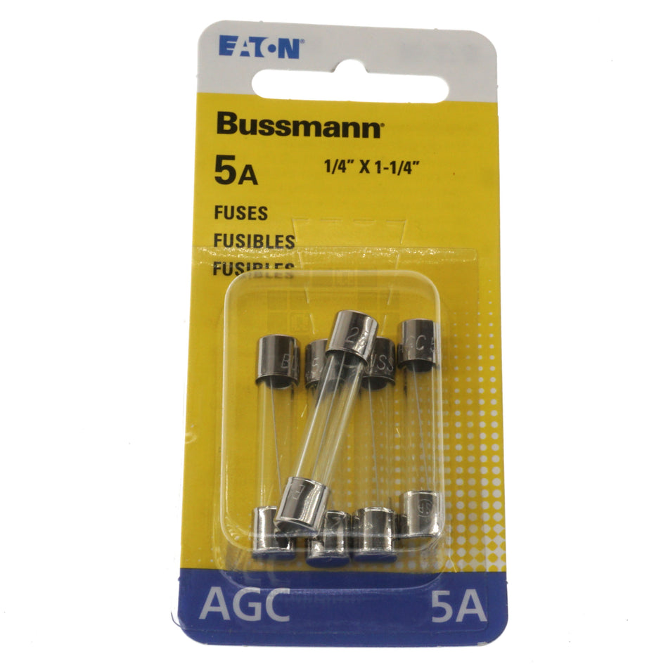 Eaton Bussmann BP/AGC-5-RP Fast Acting Glass Fuse 5 Pack, 5 Amp, 250VAC