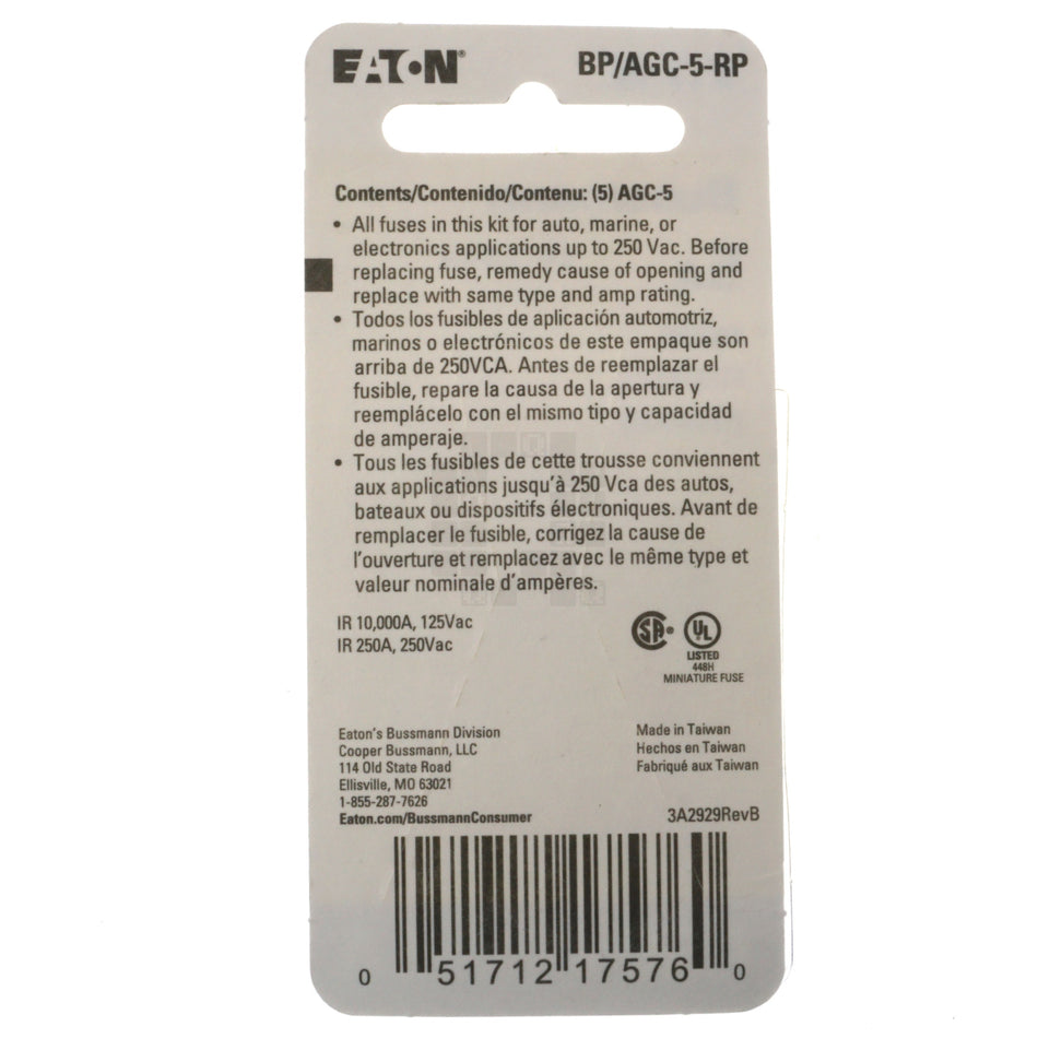 Eaton Bussmann BP/AGC-5-RP Fast Acting Glass Fuse 5 Pack, 5 Amp, 250VAC