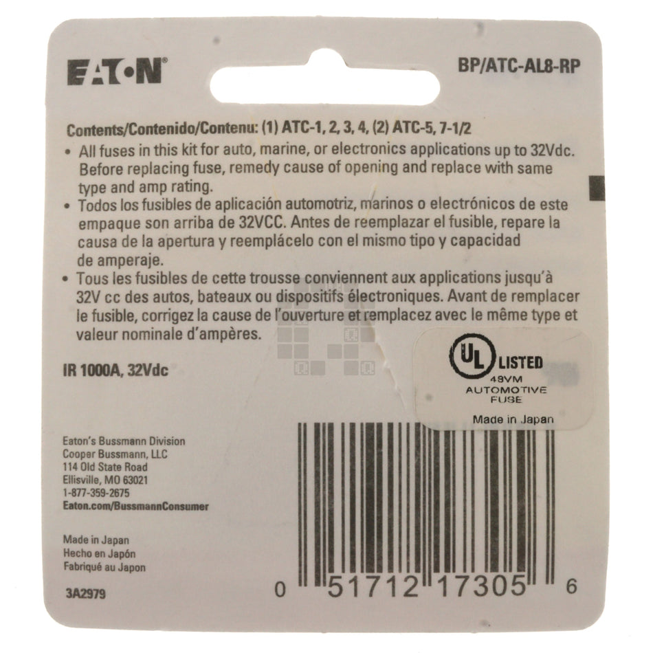 Eaton Bussmann BP/ATC-AL8-RP ATC Low-Amperage Fuse Assortment, 1 to 7.5 Amps