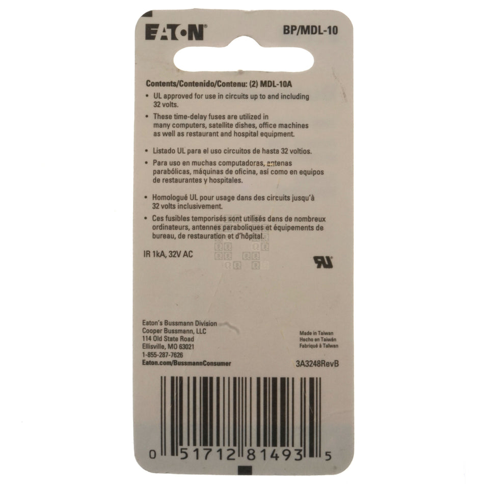 Eaton Bussmann BP/MDL-10 Time Delay Glass Fuse, 2 Pack, 10 Amp, 32VAC