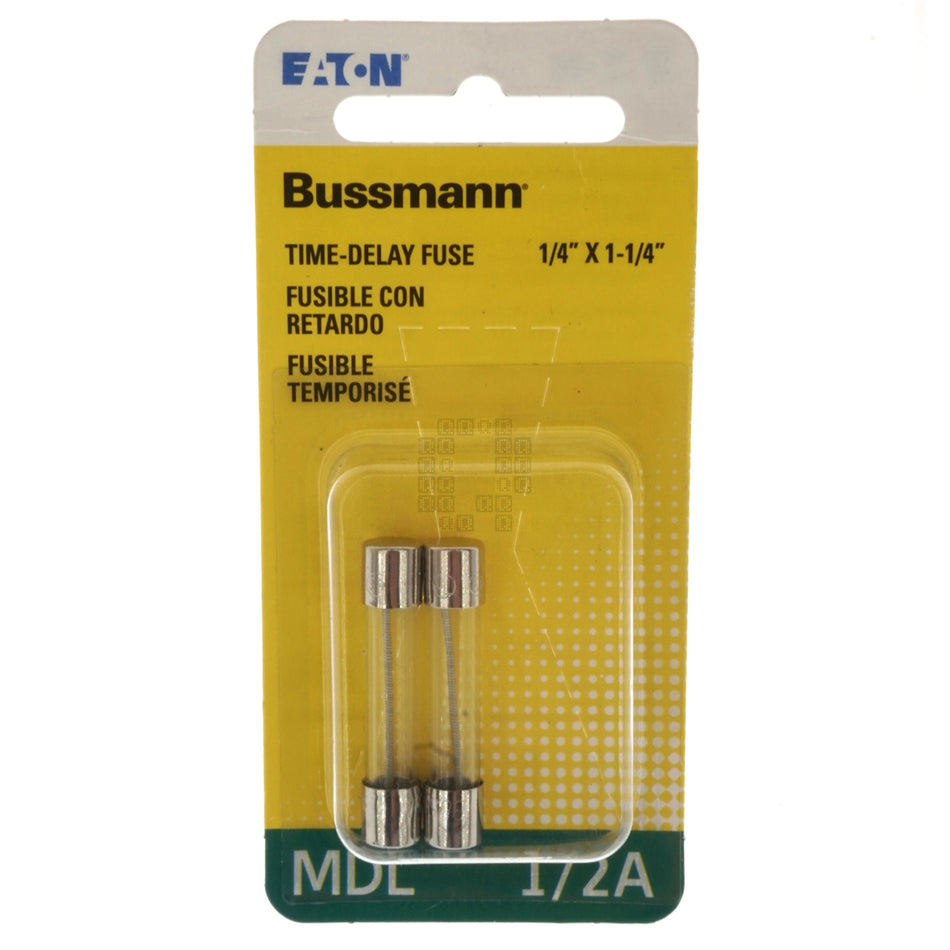 Eaton Bussmann BP/MDL-1/2 Time Delay Glass Fuse, 2 Pack, 1/2 Amp, 250VAC