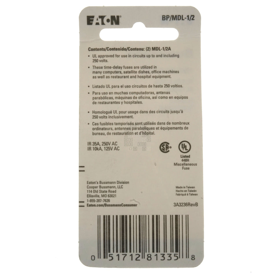 Eaton Bussmann BP/MDL-1/2 Time Delay Glass Fuse, 2 Pack, 1/2 Amp, 250VAC