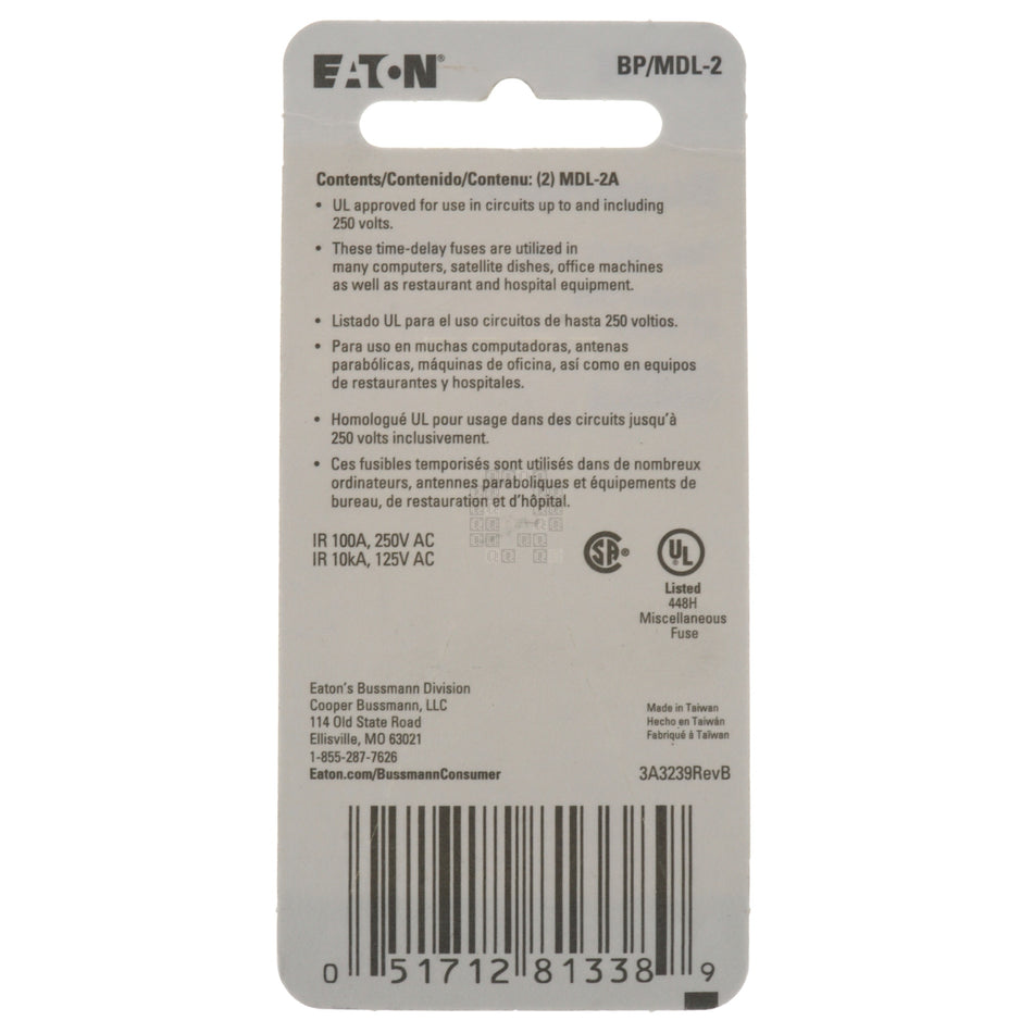 Eaton Bussmann BP/MDL-2 Time Delay Glass Fuse 2 Pack, 2 Amp, 250VAC