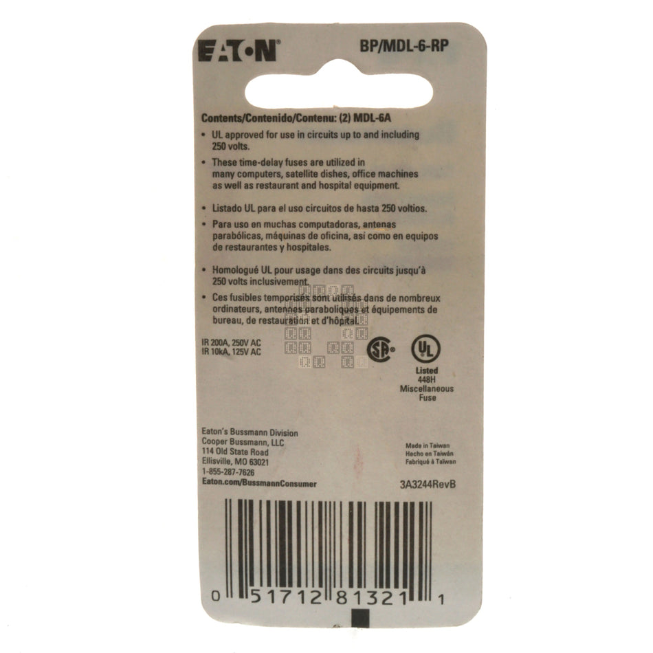 Eaton Bussmann BP/MDL-6 Time Delay Glass Fuse 2 Pack, 6 Amp, 250VAC