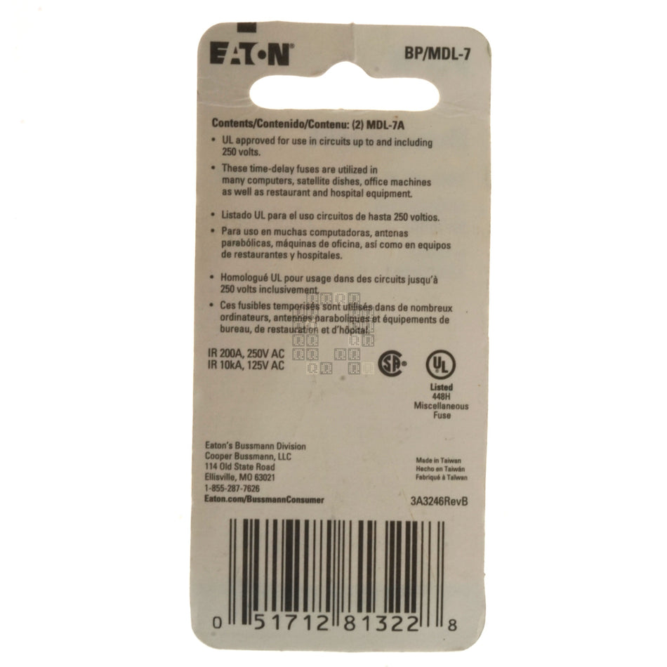 Eaton Bussmann BP/MDL-7 Time Delay Glass Fuse 2 Pack, 7 Amp, 250VAC
