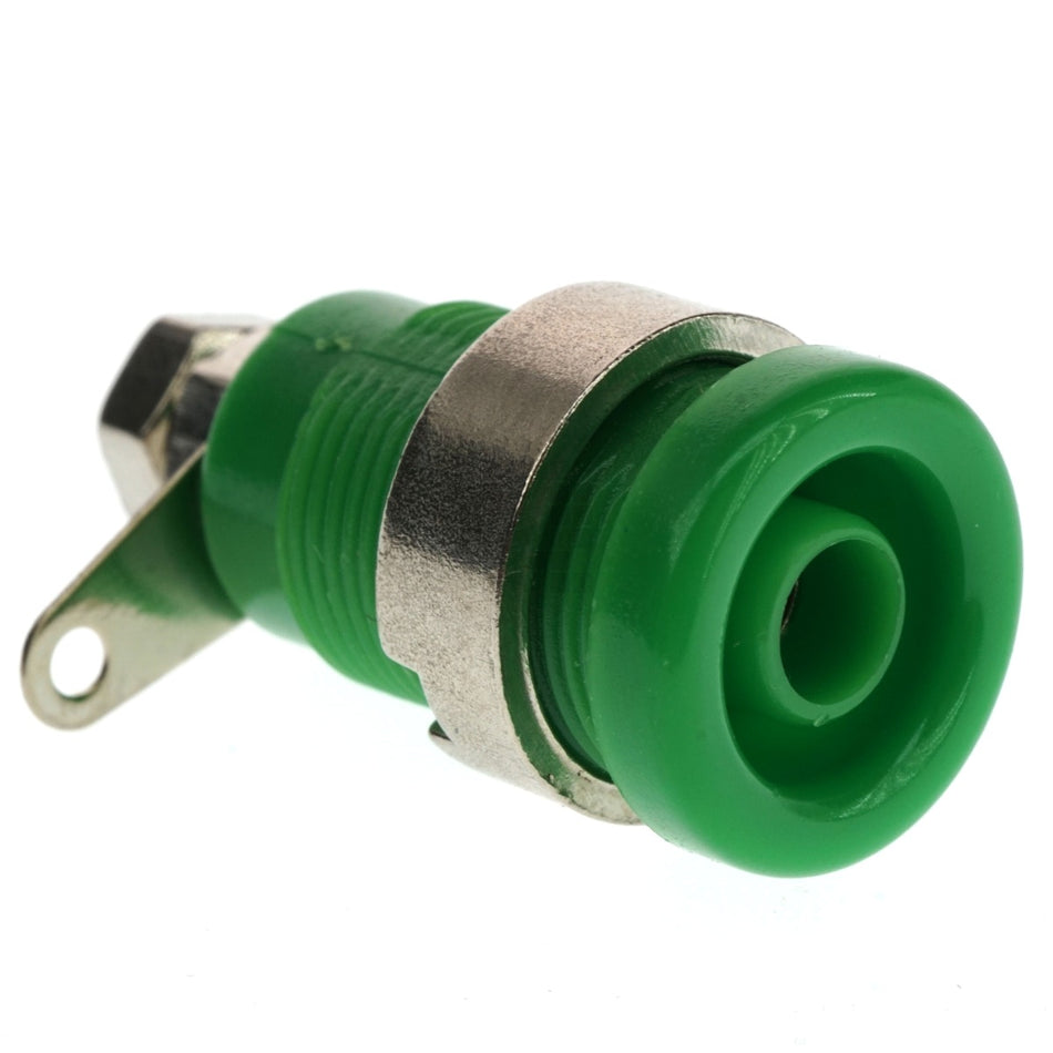 4mm Panel Mount Banana Plug Jack, Green, 600VAC 32 Amps, 12mm Mounting Hole