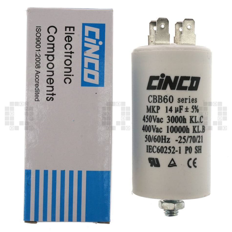 CBB60 Cinco Dry Type Run Capacitor with Mounting Bolt, 14uF 450VAC 50/60Hz