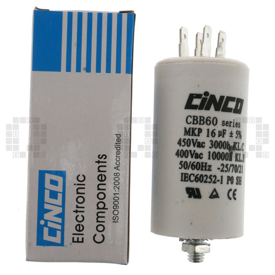 CBB60 Cinco Dry Type Run Capacitor with Mounting Bolt, 16uF 450VAC 50/60Hz