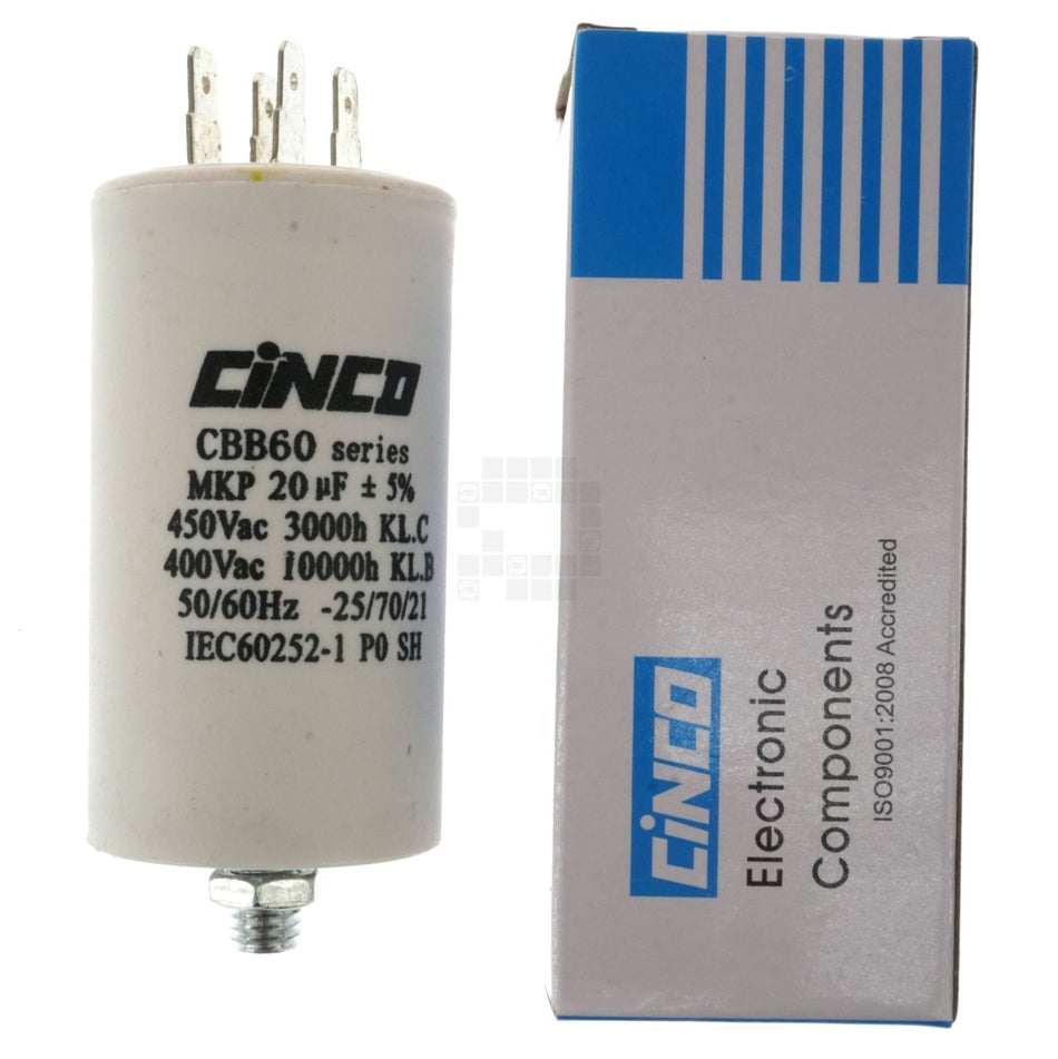 CBB60 Cinco Dry Type Run Capacitor with Mounting Bolt, 20uF 450VAC 50/60Hz