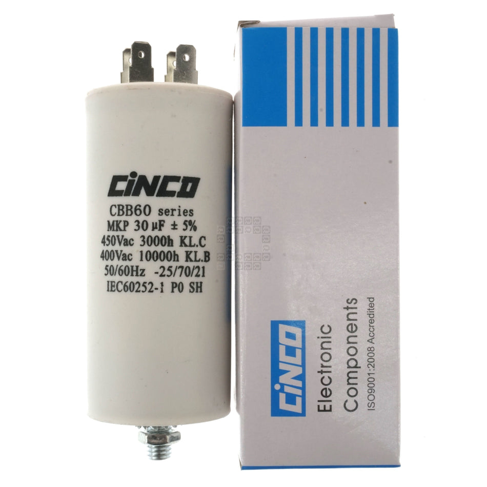 CBB60 Cinco Dry Type Run Capacitor with Mounting Bolt, 30uF 450VAC 50/60Hz