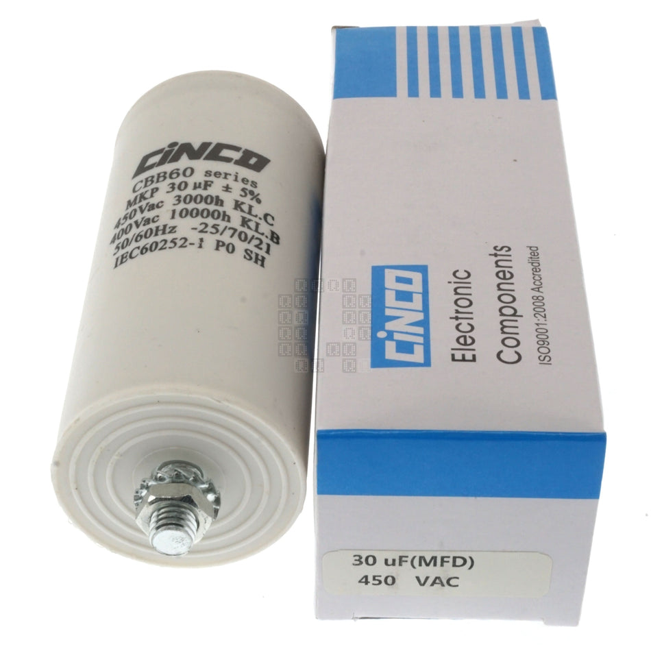 CBB60 Cinco Dry Type Run Capacitor with Mounting Bolt, 30uF 450VAC 50/60Hz