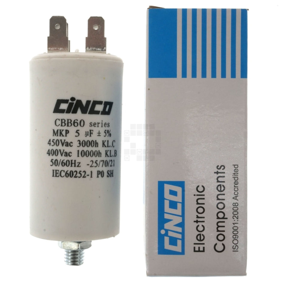 CBB60 Cinco Dry Type Run Capacitor with Mounting Bolt, 5uF 450VAC 50/60Hz