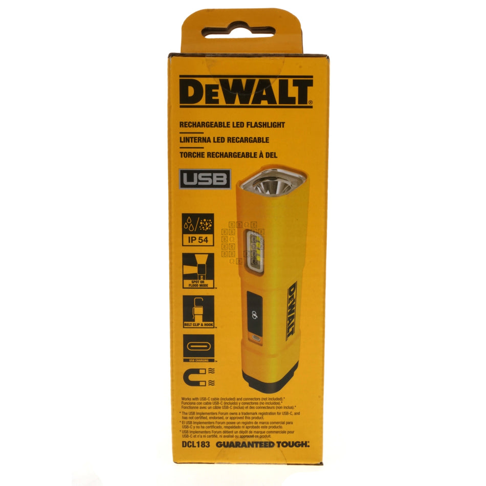 DeWALT DCL183 Rechargeable LED Flashlight, USB-C Charging, IP54, 1000 lumens / 4500K