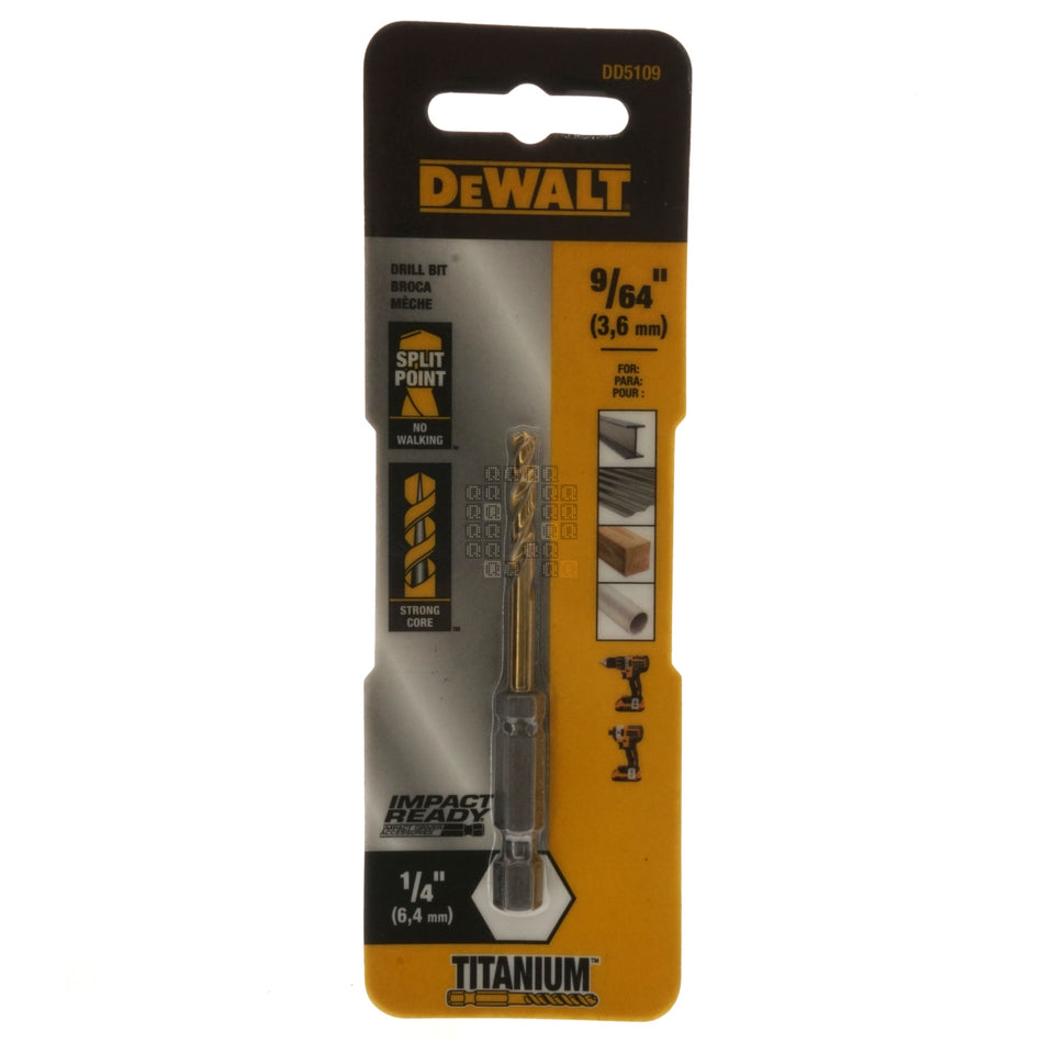 DeWALT DD5109 9/64" Impact Ready Drill Bit, TiN Coated, Pilot Point, 1/4" Hex Quick Change Shank