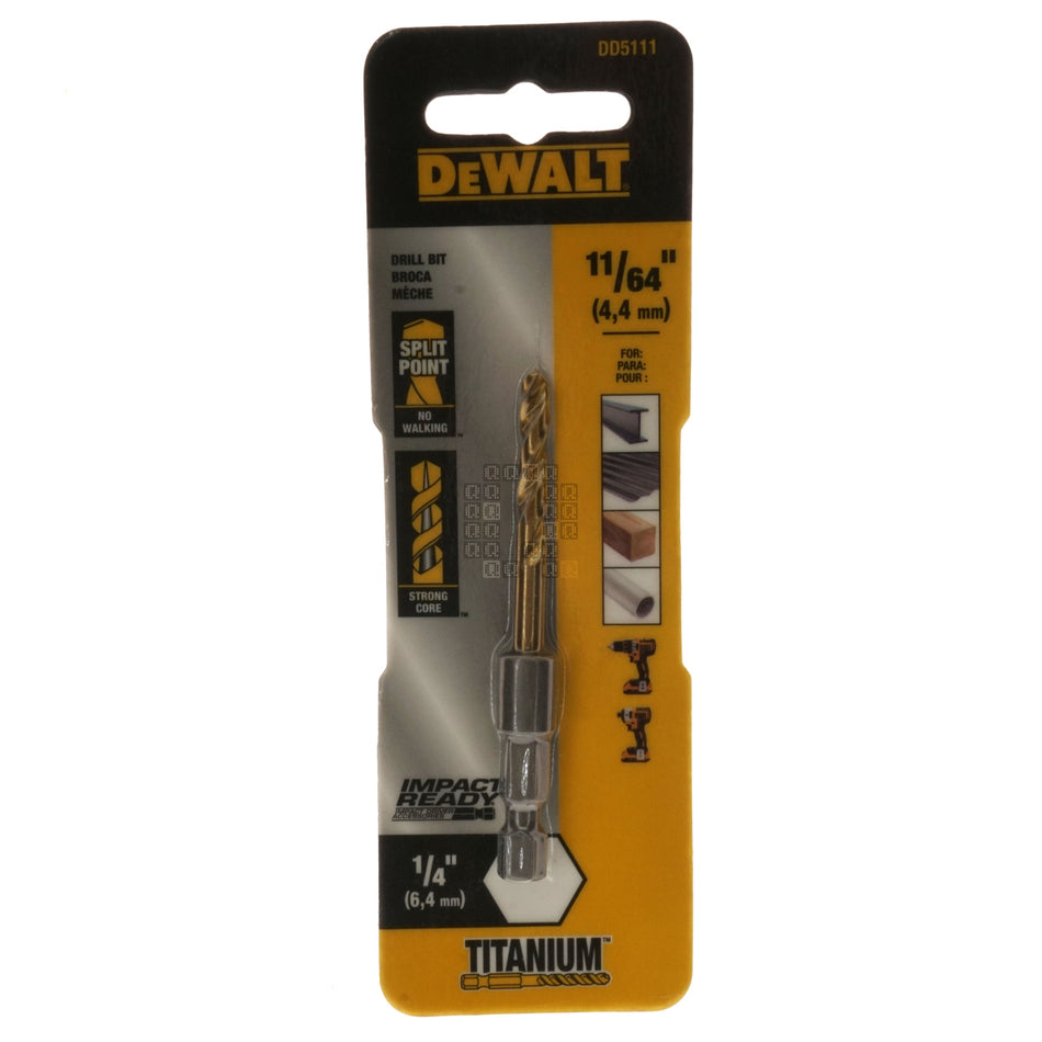 DeWALT DD5111 11/64" Impact Ready Drill Bit, TiN Coated, Pilot Point, 1/4" Hex Quick Connect Shank