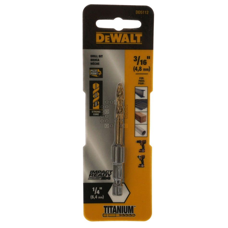 DeWALT DD5112 3/16" Impact Ready Drill Bit, TiN Coated, Pilot Point, 1/4" Hex Quick Connect Shank