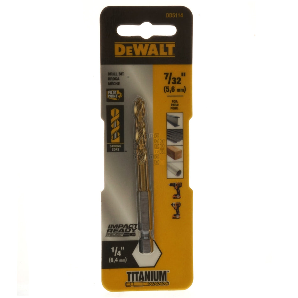 DeWALT DD5114 7/32" Impact Ready Drill Bit, TiN Coated, Pilot Point, 1/4" Hex Quick Connect Shank