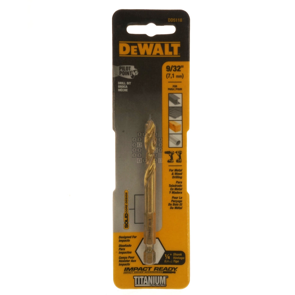 DeWALT DD5118 9/32" Impact Ready Drill Bit, TiN Coated, Pilot Point, 1/4" Hex Quick Connect