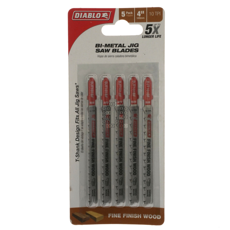 Diablo DJT101BF5 T-Shank Bi-Metal Jig Saw Blades, 10TPI, 4" Length, 5-Pack