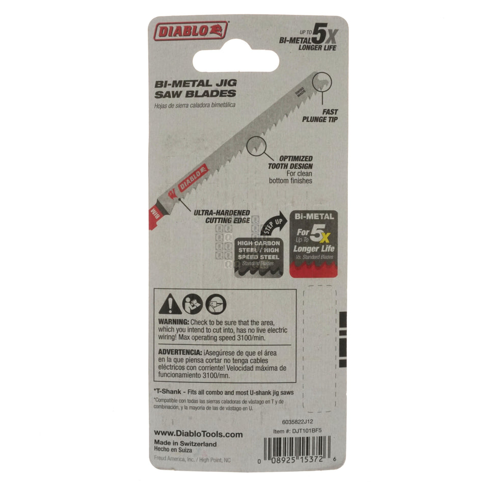 Diablo DJT101BF5 T-Shank Bi-Metal Jig Saw Blades, 10TPI, 4" Length, 5-Pack