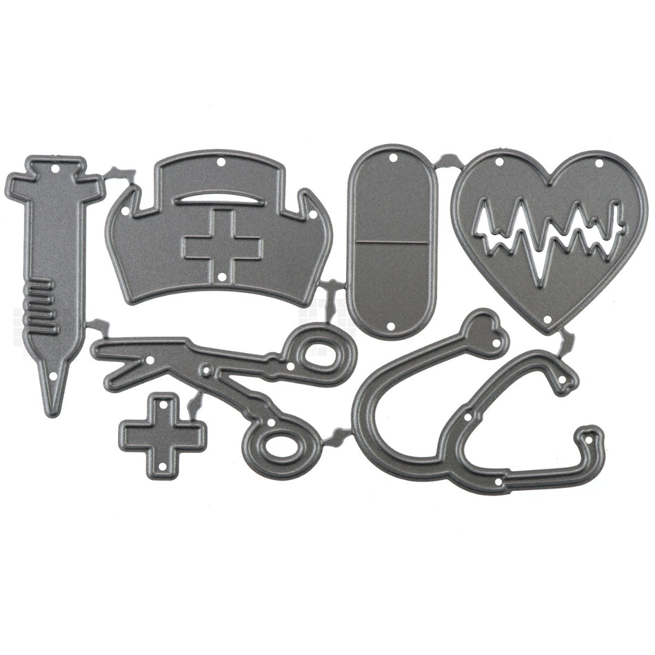 Doctor Nurse Shot Hat Pill Heart Scissors Stethoscope Metal Cutting Die 7 Piece Set