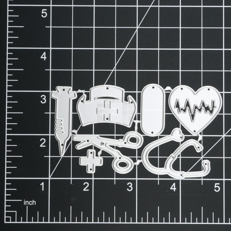 Doctor Nurse Shot Hat Pill Heart Scissors Stethoscope Metal Cutting Die 7 Piece Set