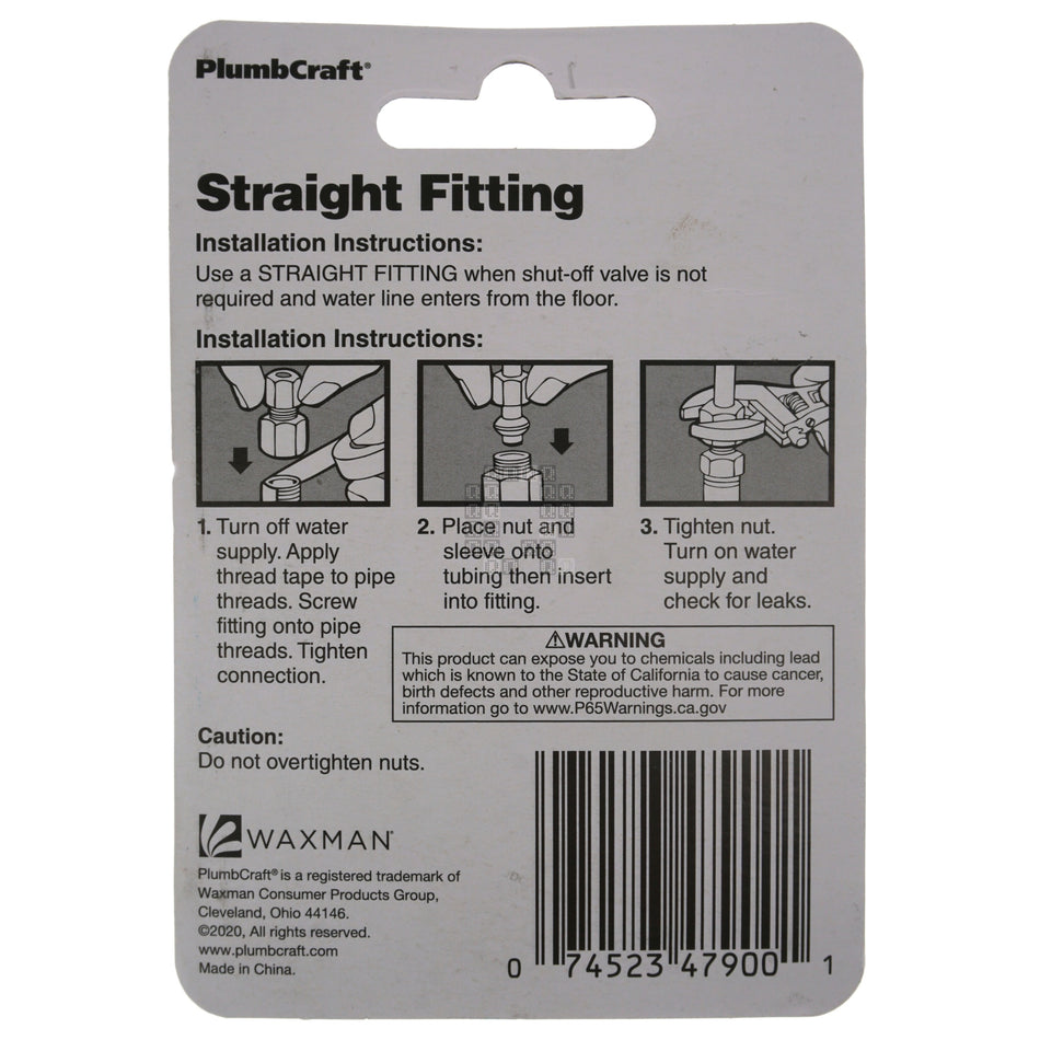 PlumbCraft 7320500LF 1/2" FIP x 3/8" OD Compression Water Supply Straight Fitting, Chrome Plated