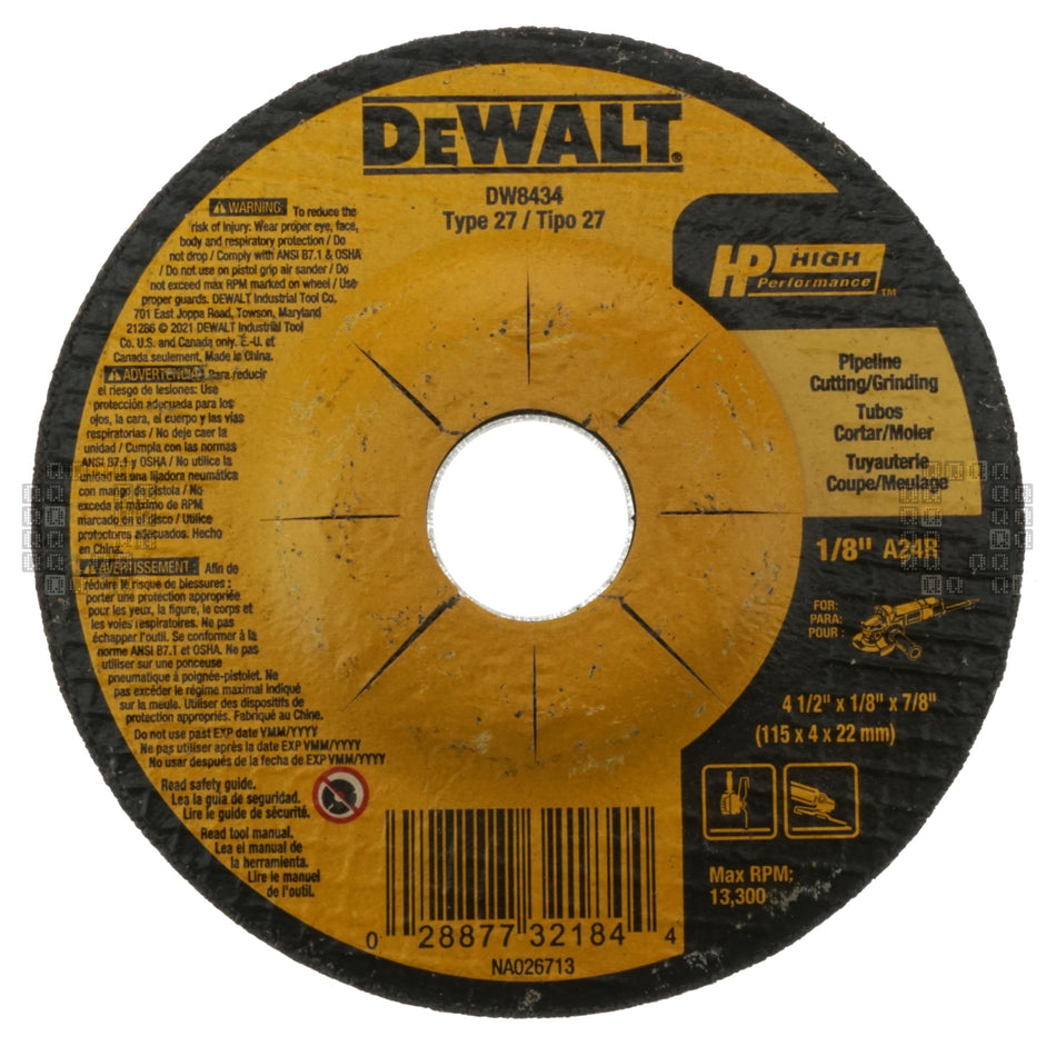 DeWALT DW8434 4-1/2" Diameter Pipeline Cutting Grinding Wheel, 1/8" Thickness, Type 27, 24 Grit