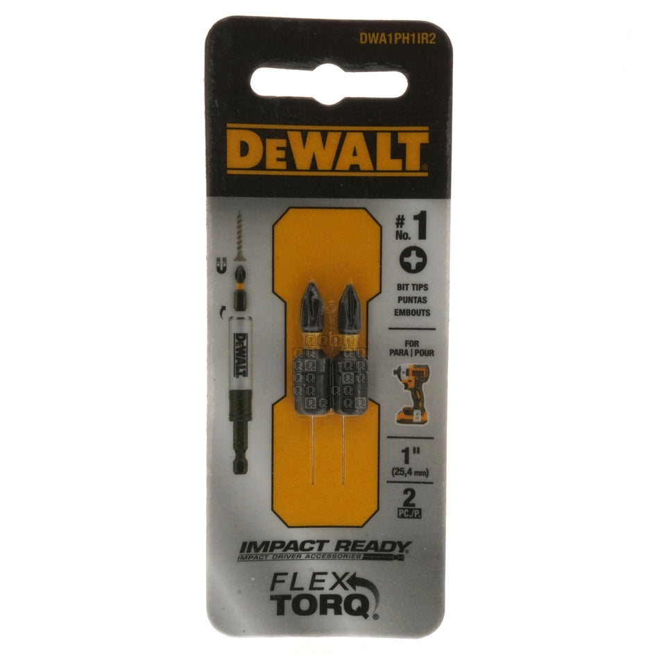 DeWALT DWA1PH1IR2 PH1 / #1 Phillips Impact Ready Insert Bit Tips, 1" Length, 2-Pack