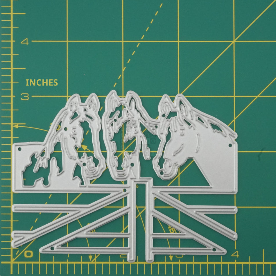 3 Horses Waiting at Wooden Gate Metal Cutting Die