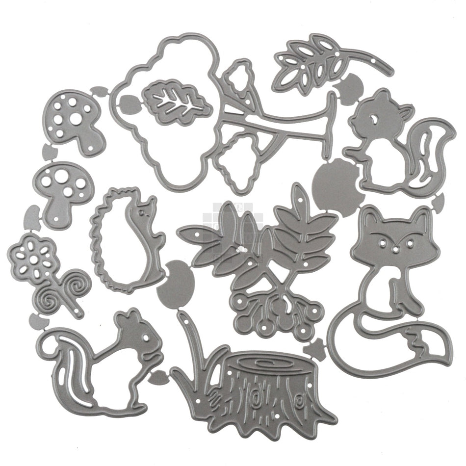 Forest Animals Metal Cutting Die Set, Tree, Mushroom, Fox, Stump, Hedgehog, Leaf